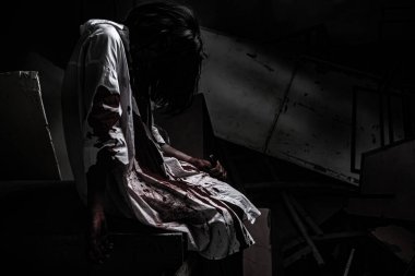 Asyalı kadın portresi hayalet yüzü, korku sahnesi, korkunç arka plan, Cadılar Bayramı posteri. 