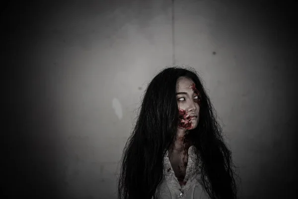 Portrait Asian Woman Make Ghost Face Horror Scene Scary Background — Stock Photo, Image