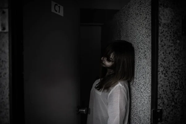Portrait Asian Woman Make Ghost Face Horror Scene Scary Background — Stok Foto
