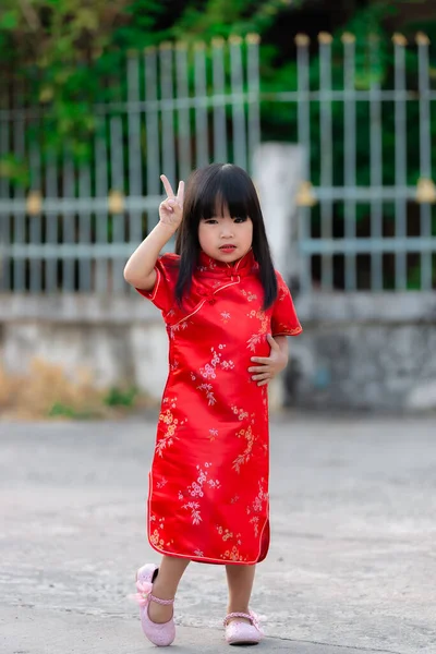 Πορτρέτο Όμορφο Ασιατικό Κοριτσάκι Cheongsam Φόρεμα Ευτυχισμένο Κινεζικό Νέο Έτος — Φωτογραφία Αρχείου