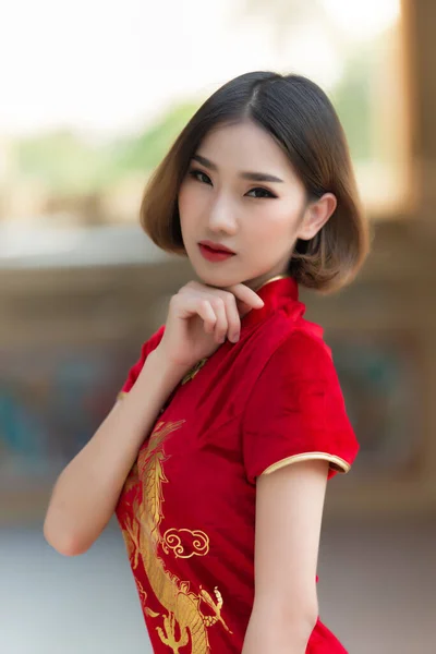 Portrait Beautiful Asian Woman Cheongsam Dress Happy Chinese New Year — Stock Photo, Image