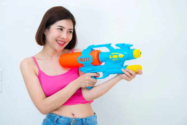 Asian Sexy Woman Gun Water Hand White Background Festival Songkran — стокове фото