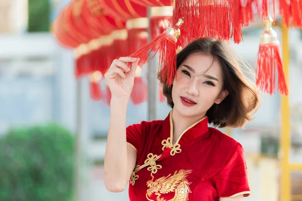 Cheongsam Elbisesi Içinde Güzel Bir Asyalı Kadın Portresi Mutlu Çin — Stok fotoğraf