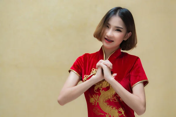 Portrait Beautiful Asian Woman Cheongsam Dress Happy Chinese New Year — Stock Photo, Image