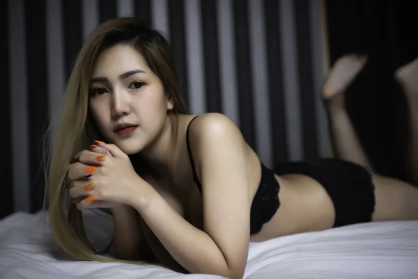 Retrato Mujer Sexy Asiática Cama Tailandia Personas Usan Sujetador Para — Foto de Stock