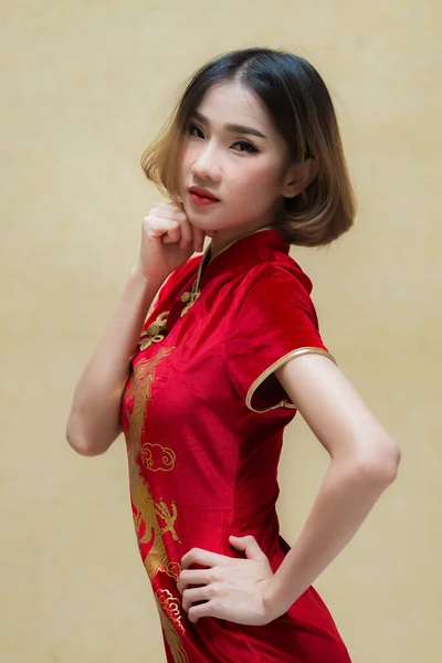 Portrait Beautiful Asian Woman Cheongsam Dress Happy Chinese New Year — Stock Photo, Image