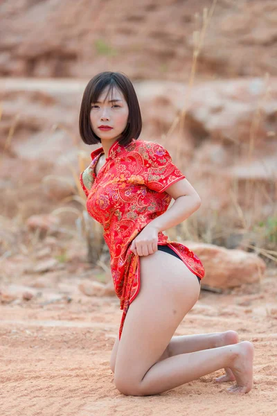 Retrato Hermosa Asiática Sexy Mujer Cheongsam Vestido Posando Aire Libre — Foto de Stock