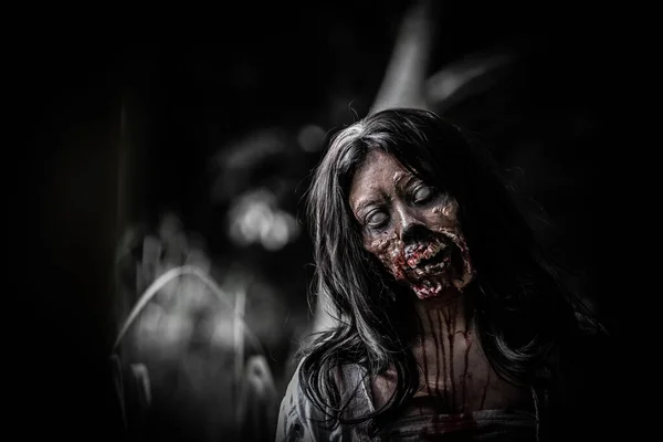 Portrait Asian Woman Make Ghost Face Horror Scene Scary Background — Stock Photo, Image