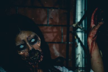 Asyalı kadın portresi kanla kaplanmış hayalet yüzü.