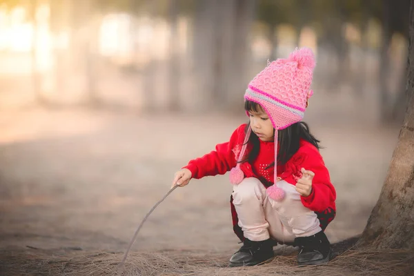 在公园的森林里 可爱的亚洲小女孩穿着冬衣的画像 — 图库照片