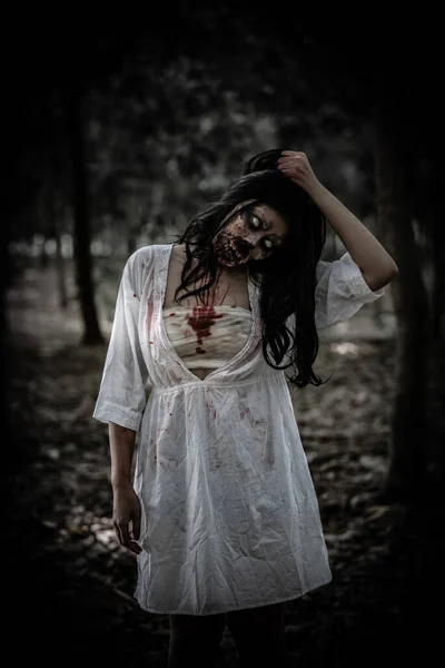 Portrait Asian Woman Make Ghost Face Blood — Stock Photo, Image