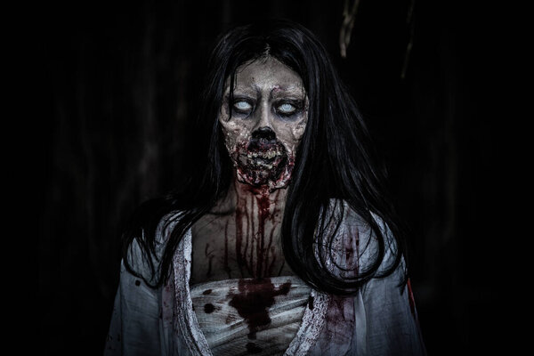 Portrait of asian woman make up ghost face with blood