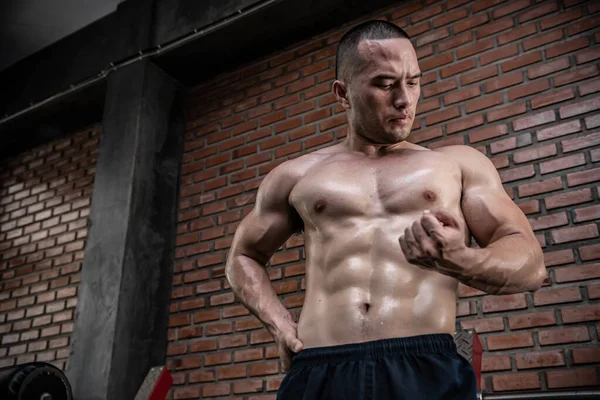 体育館でのアジアの男の大きな筋肉の肖像 体重トレーニング — ストック写真