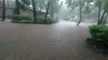 Fırtına sırasında su birikintilerine yağmur yağıyor.