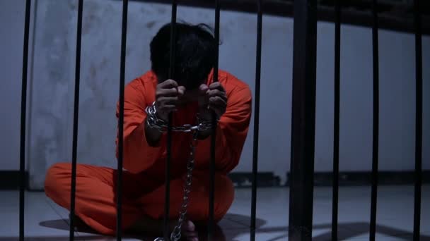 Asiatischer Mann Verzweifelt Eisernen Gefängnis Häftlingskonzept — Stockvideo
