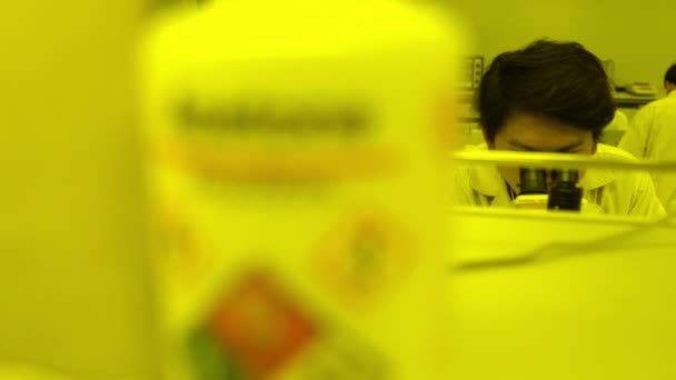 黄色の研究室で働くアジアの科学者 実験の結果を見つけるための研究者 医師の血液検査は コロナウイルスの新しい株を予防し 破壊する — ストック動画