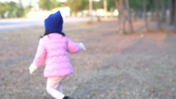 Porträtt Söt Asiatisk Liten Flicka Bära Vinterkläder Skogen Parken — Stockvideo