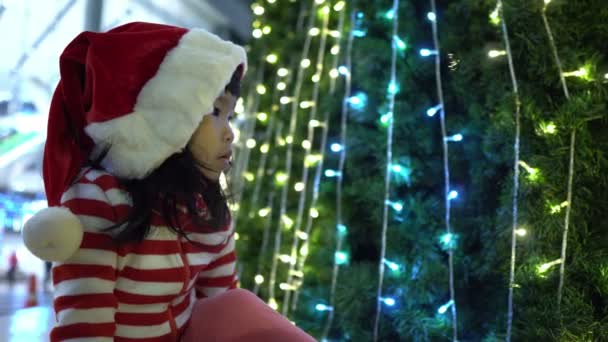 Retrato Bonito Asiático Menina Vestindo Santa Chapéu Posando Perto Árvore — Vídeo de Stock