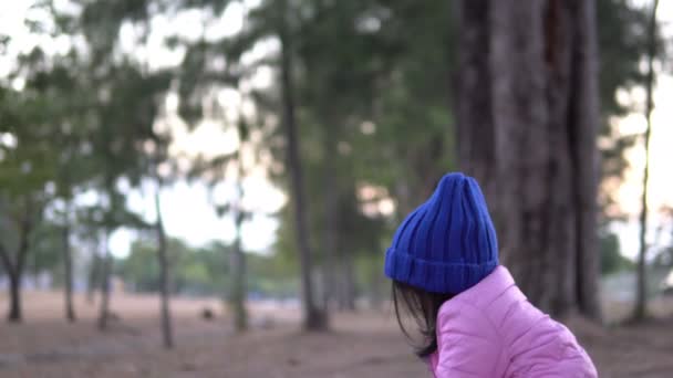 Portrait Cute Asian Little Girl Wear Winter Clothes Forest Park — Stock Video