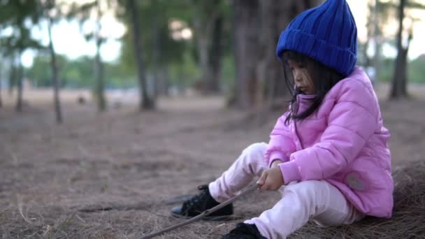 Portrait Cute Asian Little Girl Wear Winter Clothes Forest Park — Stock Video