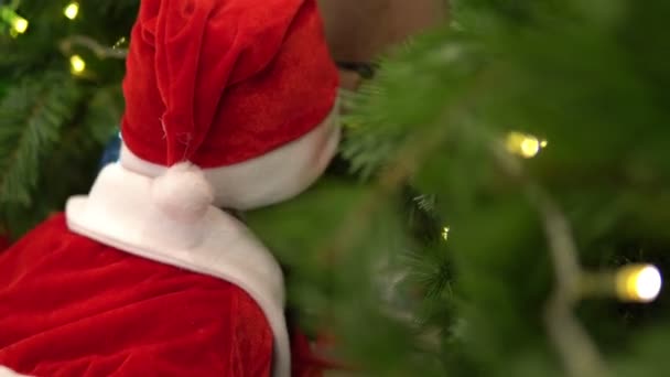 Retrato Linda Niña Asiática Con Sombrero Santa Posando Cerca Del — Vídeo de stock