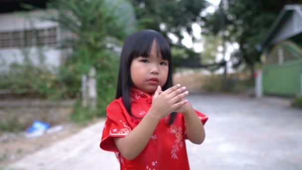 Portrait Beautiful Asian Little Girl Cheongsam Dress Happy Chinese New — Stock Video