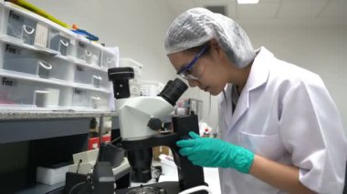Laboratuvarda çalışan Asyalı bilim adamı deneylerin sonuçlarını araştırıyor.