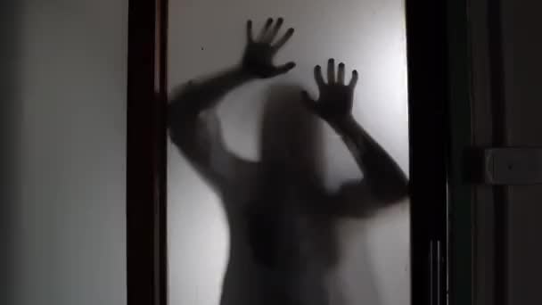 Weibliche Silhouette Hinter Mattiertem Glas Horrorszene Gruseliger Hintergrund Halloween Konzept — Stockvideo