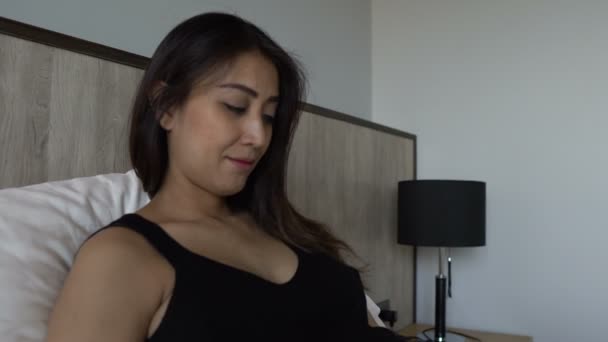 Asian Beautiful Pregnant Woman Posing Bedroom Maternity Concept — Stock Video