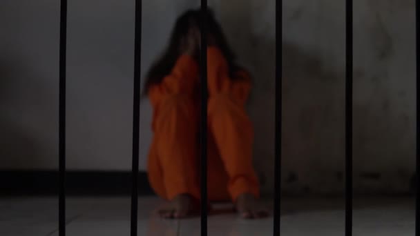 Portrait Woman Desperate Catch Iron Prison Prisoner Concept — Stock Video