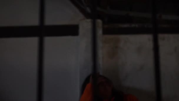 Πορτρέτο Της Γυναίκας Απελπισμένη Πιάσει Σιδερένια Φυλακή Φυλακισμένη Έννοια — Αρχείο Βίντεο