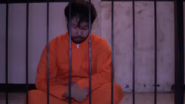 Retrato Del Hombre Desesperado Por Atrapar Prisión Hierro Concepto Prisionero — Vídeo de stock