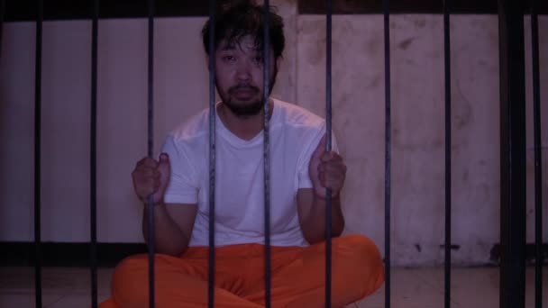 Portrét Muže Který Zoufale Snaží Chytit Železné Vězení Vězeňský Koncept — Stock video