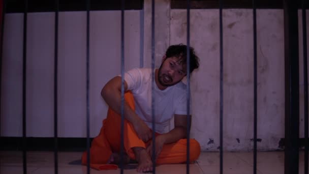 Portrait Man Desperate Catch Iron Prison Prisoner Concept — Stock Video