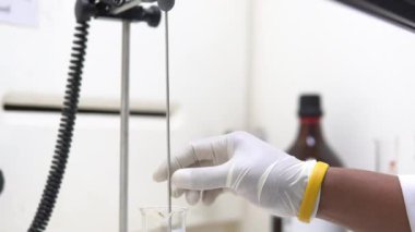 Laboratuvarda çalışan Asyalı bilim adamı. Deneyin sonuçlarını araştıran araştırmacı.