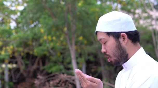Fiatal Ázsiai Muszlim Férfi Imádkozik Szabadban Nappal Ramadan Fesztivál Koncepció — Stock videók