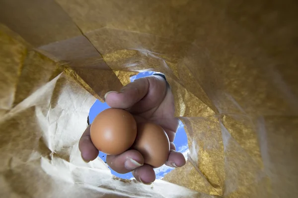 hand pulling chicken eggs from a paper shopping bag