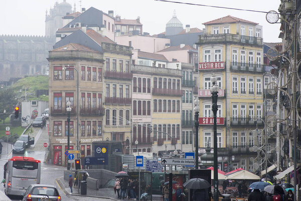 December 8, 2019, Porto, Portugal. typical streets of Porto city raining