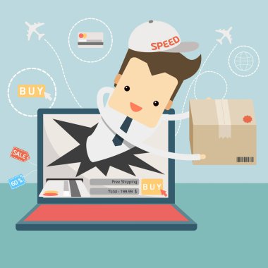 Kurye çevrimiçi alışveriş konsepti ve defter vektörü ile hızlı iletim ile ögesi gönderdi