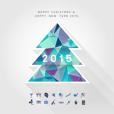 Mutlu noeller üzerine renkli çokgen Noel ağacı ve parti ikonu vektörü ile birlikte 2015 yılının mutlu yeni yılı kavramı