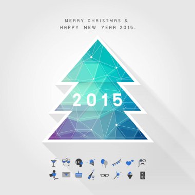 Mutlu noeller üzerine çokgen Noel ağacı ve parti ikonu vektörü ile birlikte 2015 yılının mutlu yeni yılı konsepti