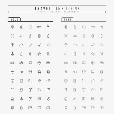 seyahat ve tatil küçük çizgi simgeleri kalın ve ince çizgi konsept vektörü üzerinde