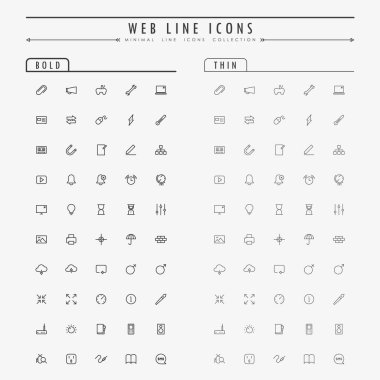 Kalın ve ince çizgi konsept vektörü üzerindeki web ana hatları simgeleri