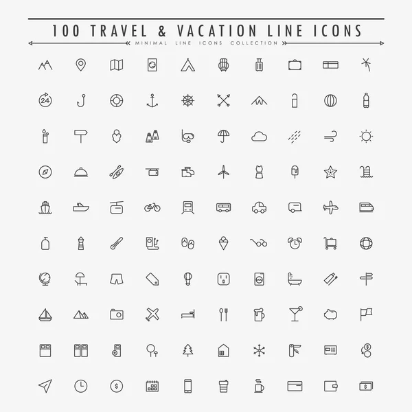 100 Viajes Vacaciones Mínima Línea Iconos Vector Colección — Vector de stock