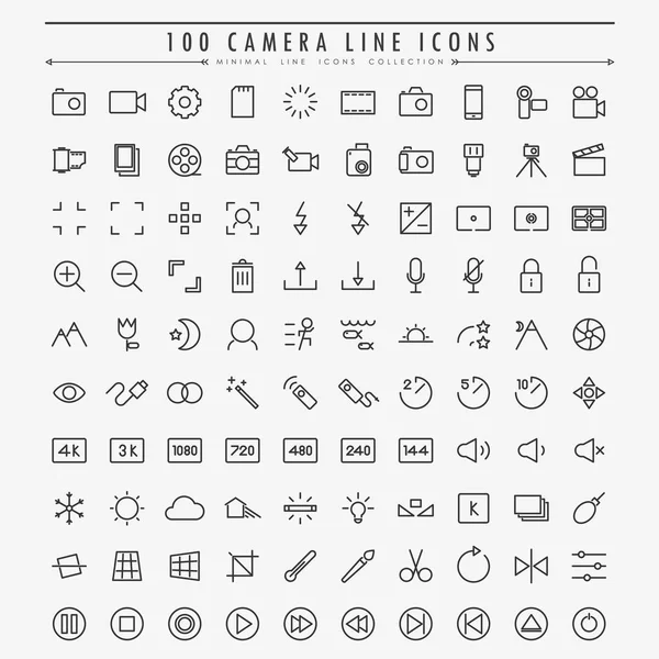 100 Cámara Mínima Línea Iconos Vector — Vector de stock