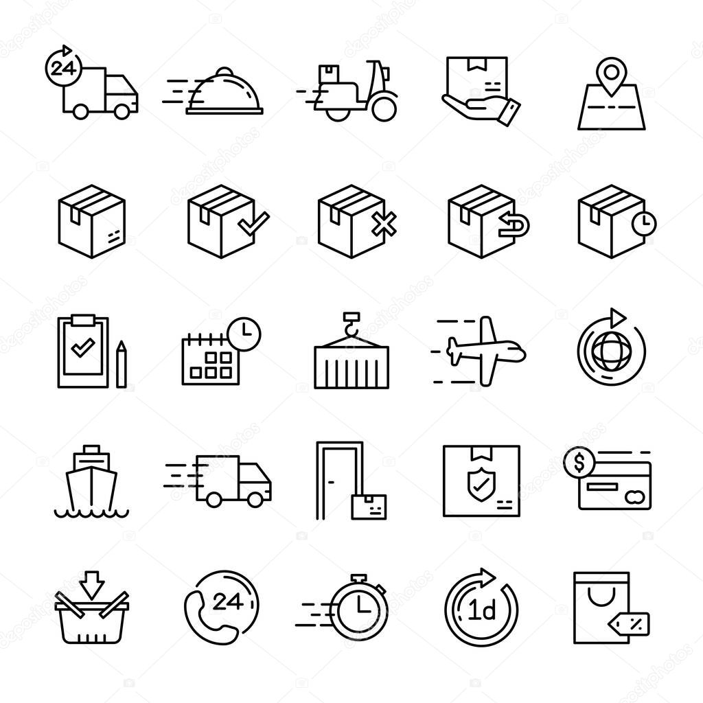 Delivery and shipping 25 line icons vector