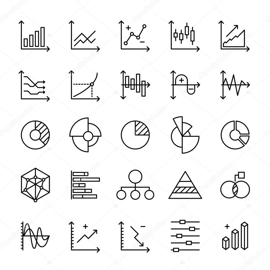 Graph and Statistics diagram 25 line icons vector
