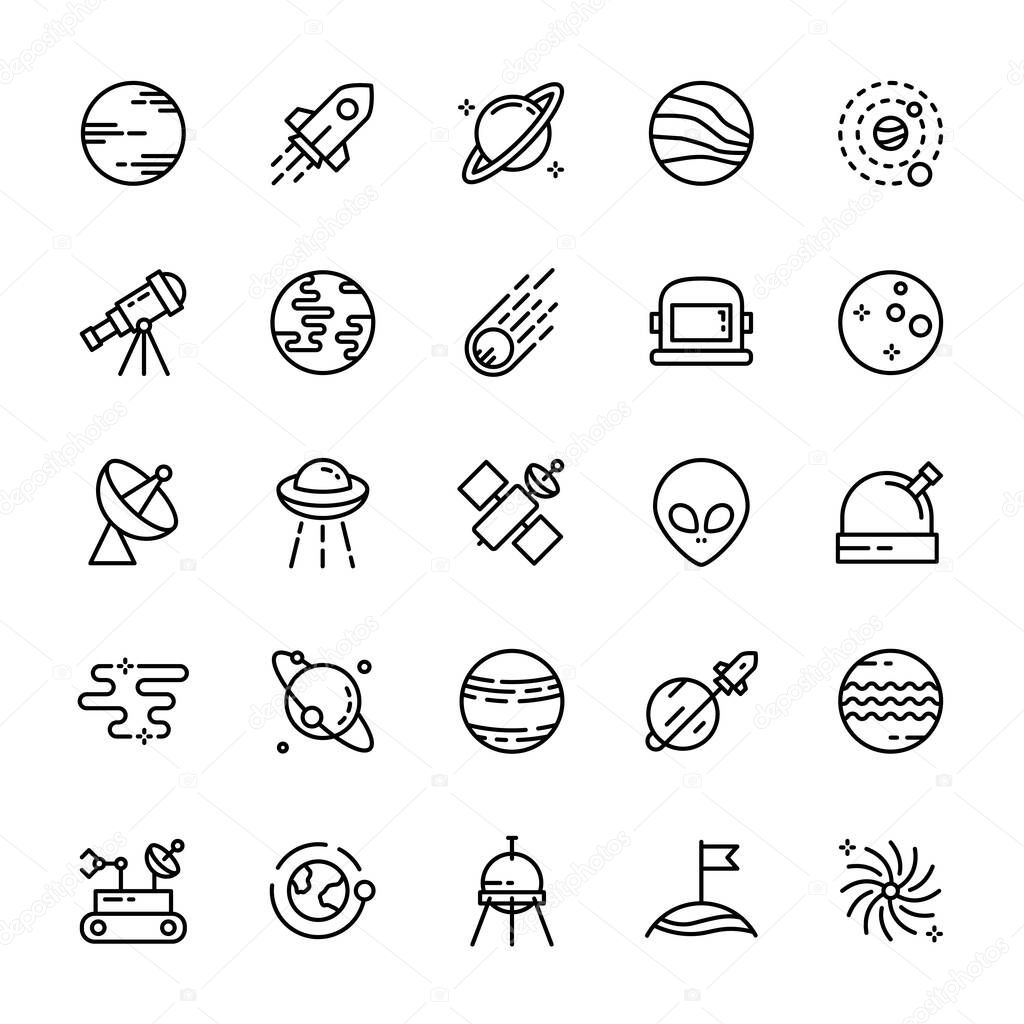 Space explorer and Stars 25 line icons vector