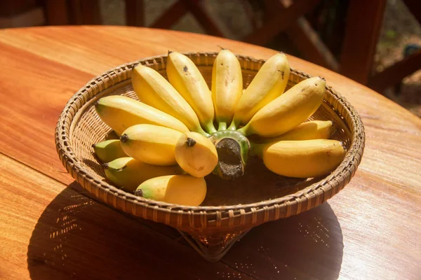 golden bananas or Lady Finger banana in weave basket on wood table. healthy fruit food.