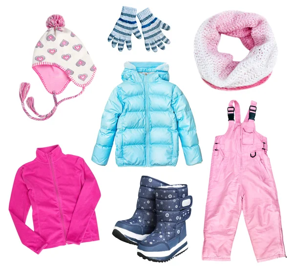 Winter kid's child's clothes set collage isolated. — Stock Photo, Image